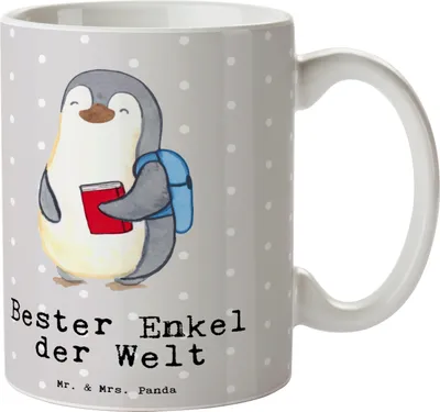 Produktbild von Mr. & Mrs. Panda Tasse Pinguin Bester Enkel der Welt - Grau Pastell - Geschenk, Oma, Geschenkidee, Opa, Enkelsohn, Taufe, Enkelkind, Becher, Trinkbecher, Teetasse