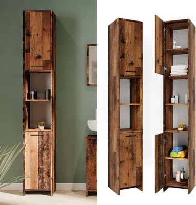 A bathroom cabinet shown in different views, one in a bathroom setting and two isolated views.