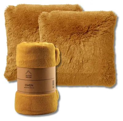 Produktbild von Dutch Decor SPARSET - 3-teilig - Fluffy & Owen - 2 Dekokissen 45x45 cm - 1 Wohndecke 130x160 cm - Gelb