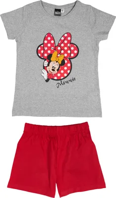 Produktbild von Disney Minnie Mouse Schlafanzug für Mädchen Kinder Pyjama Set Kurzarm Oberteil mit Hose Grau/Rot 122-128