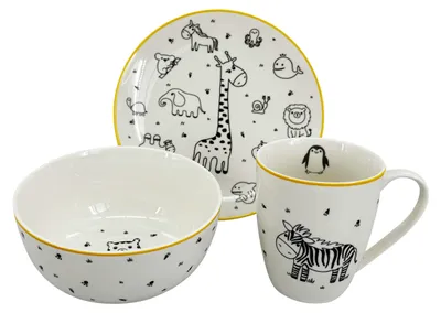 Zdjęcie produktu dla Zestaw obiadowy dla dzieci ZOO (kubek, miska, talerz), żółta linia