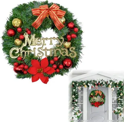 Productafbeelding van Kerstkrans Deur - Decoratieve Krans - Feestelijke Aankleding - Met Rode Strik - 30 cm - Rood Groen