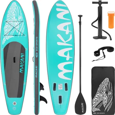 Produktbild von ECD Germany Nafukovací prkno Makani, 320x80x15 cm, tyrkysové, PVC, do 120 kg, pumpa, taška na přenášení příslušenství