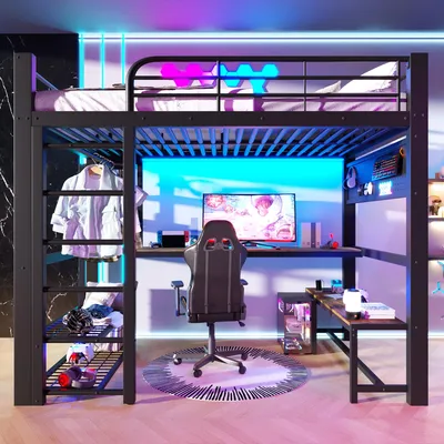 Productafbeelding van 140x200 cm hoogslaper met LED, bureau, planken, kledingroede, metalen rekken, geperforeerd paneel, zwart, metaal