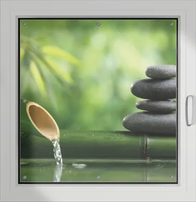 Produktbild von Wallario Lichtschutzbild, Dekorativer Sichtschutz Sonnenschutz 96 x 93 cm mit Motiv: Steinstapel und Bambus auf dem Wasser - Verdunklung ohne Bohren