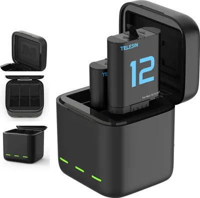 Produktbild von TELESIN Sportkamera-Akku-Speicherladegeraete-Set, 1 * 3-Slot-Akkuladebox + 2 * 1720 mAh-Akkus als Ersatz fuer GoPro Hero 12/11/10/9