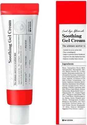 A product shot of a Mizon Soothing Gel Cream tube and its packaging.
