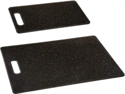 Two black cutting boards with handles are shown on a white background.