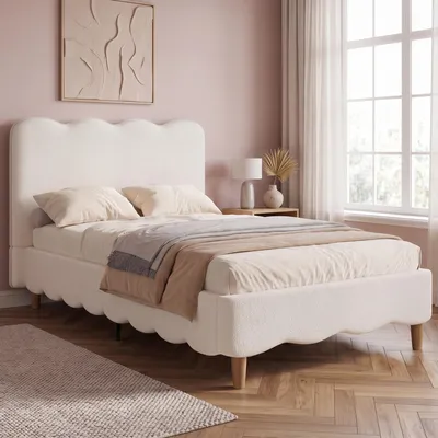 Produktbild von MODFU Kinderbett 90x200 mit Matratze,Polsterbett mit Lattenrost und Stauraum, Bouclé-Bezug,Massivholzbett mit gepolstertes Kopfteil, Einzelbett,Weiß
