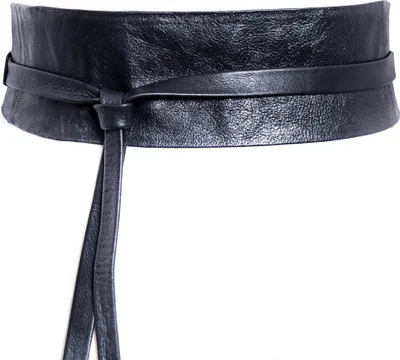 A black leather obi belt tied in a knot with two hanging straps, presented against a white background.