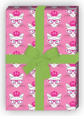 Produktbild von Cooles Katzen Geschenkpapier mit Hippster Krone und Brille in rosa - G6346, 32 x 48cm
