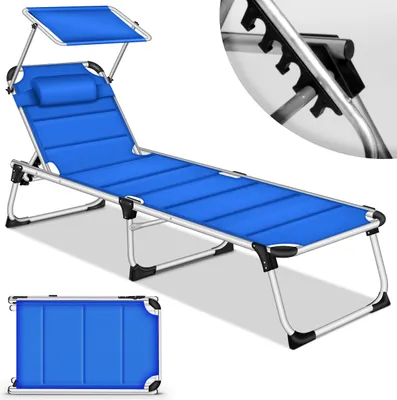 A blue foldable sun lounger with a canopy and pillow, shown in its unfolded state and folded state, with a close-up detail of a hook mechanism.