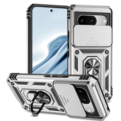 Immagine prodotto di Custodia per Google Pixel 8 a doppio strato con copertura scorrevole della fotocamera e supporto ad anello Argento