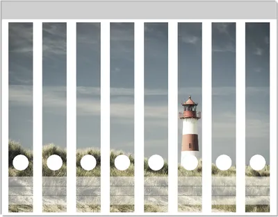 Produktbild von Wallario Ordnerrücken Sticker, selbstklebend für schmale Ordner, 8 Stück, Motiv Leuchtturm auf der Düne am Strand