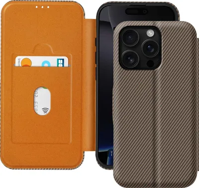 Image de Avizar, étui pour iPhone 16 Pro Max design carbone, support vidéo & bloqueur RFID, marron