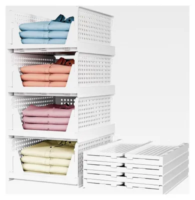 Produktbild von 4 Stück stapelbare Kleiderschrank-Organizer, faltbare Aufbewahrungsboxen aus Kunststoff für Schlafzimmer, Bad, Küche, Lagerung und Büro (Weiß)