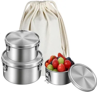 Image de Sac à repas rond en acier avec nom gravé - Sac à dos rond pour le déjeuner - 3 pièces