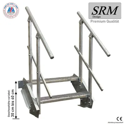 Zdjęcie produktu dla 2-stopniowe stalowe schody po obu stronach. Szerokość poręczy 100 cm Wysokość kondygnacji 30 - 40 cm