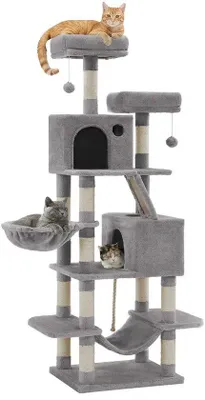 Produktbild von Krabpaal für Katzen – 168 cm – 13 Krabpalen, 2 Liegeflächen, Krabbelholte, Hängematte & Korb – Hellgrau