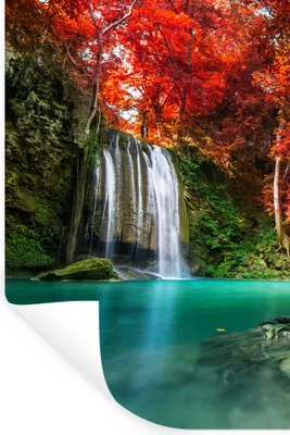 Produktbild von MuchoWow® Wandtattoo Wandsticker Wandaufkleber Wasserfall - Baum - Rot - Herbst - Wasser 40x60 cm Selbstklebend und Repositionierbar - Wierderverwendbar - Selbstklebend