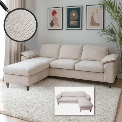 Immagine prodotto di Set di divani HWC-O71, divano angolare a L, superficie reclinabile a sinistra/destra, tessuto (320 g/m²) legno 84x229x140cm ~ beige