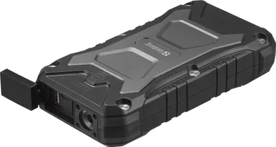 A rugged, black and gray power bank is shown from a diagonal angle against a white background.