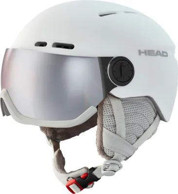 A white ski helmet with a silver visor, shown from the front-left.