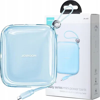 A product shot of a light blue power bank and its packaging.