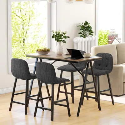 Produktbild von Bartisch-Set 5-teilig Dunkelgrau, Bartisch & 4 Barhocker, Knopfheftung Leinenoptik, Industrie-Stil | 120 x 60 x 91 cm | Polyester/Stahl