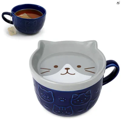 Keramikbecher mit Deckel 300 ml, Kaffeebecher und Teetasse mit Katzenmotiv, Geschenkidee für Katzenl