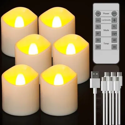 Image de Petites lampes LED avec minuterie - rechargeables par USB - bougies chauffe-plat blanches - flamme vacillante - télécommande - station de recharge pour Halloween - salon - chambre - décoration - lot de 4 - 3 x 3 cm