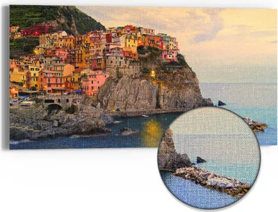 Produktbild von DEQORI Hybrid Leinwand Bild 60x30 cm 'Klippenlichterfest' Wandbild Glas flach modern