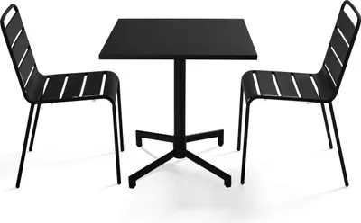 Image de Ensemble table 70 cm et 2 chaises de jardin en métal noir - Oviala Palavas