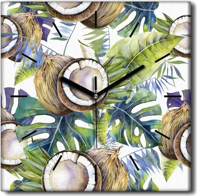 Produktbild von Coloray Uhr auf Leinwand 30x30 cm Wand Uhr Dekoration Wohnzimmer Segeltuch schwarze Hände -Kokosnuss-Palm Tropics.