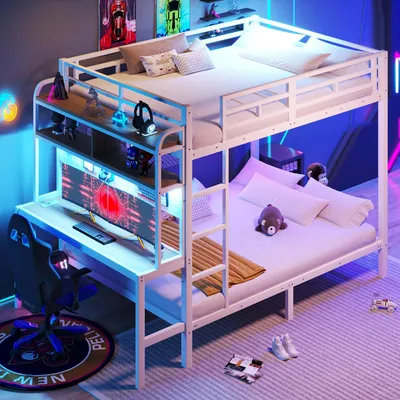 Produktbild von Etagenbett mit RGB LED-Lichterkette, Steckdose, USB, Schreibtisch, Leiter, Regal, Rausfallschutz und Lattenrost, 140x200cm, Metallbett, Kinderbett