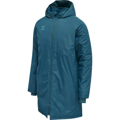 A teal colored unisex bench jacket with a hood, shown from the front.