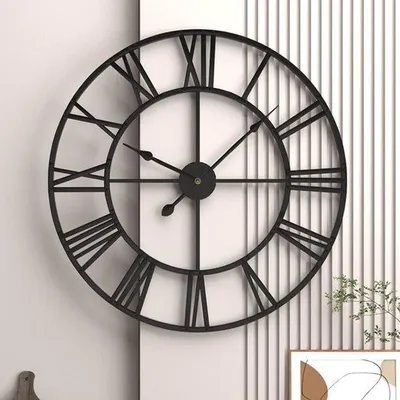Obrázek produktu pro Velké nástěnné hodiny XXL, průměr 50 cm, černé, kovové, stylové, s římskými číslicemi