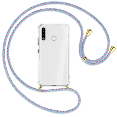 Produktbild von Handykette Backcover-Schutzhülle mit Band (Metall goldfarben) für Samsung Galaxy A70e - pink/mint