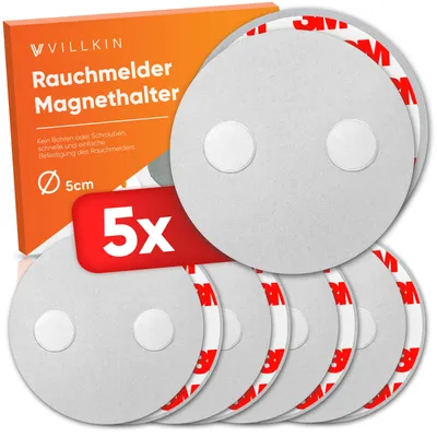 Produktbild von Villkin Magnethalter für Rauchmelder 5cm, 5 Stück – Schnelle Montage ohne Bohren | Starke Haftkraft | Werkzeuglose Installation | Universell passend