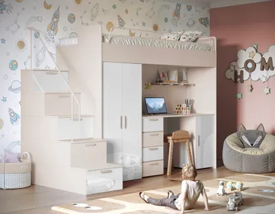 Produktbild von Etagenbett FELIX 4S – Hochglanz oder Matt – Kinderbett, Hochbett, MIT Matratze und Lattenrost (Kaschmir + Weiß Glanz)