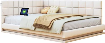 Produktbild von Polsterbett Schlafsofa 140*200 Multifunktionsbett mit LED Lichtleiste, USB Steckdose und Lattenrost, hautsympathischer Leinen Beige
