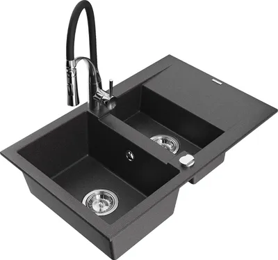 Immagine prodotto di Mexen Gaspar lavello in granito a 1,5 vasche con sgocciolatoio e rubinetto da cucina Aster, nero maculato - 6507-76-73450-07