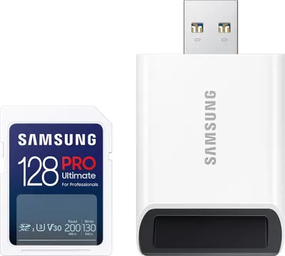 Immagine prodotto di SAMSUNG SD PRO Ultimate incl. lettore di schede USB Scheda di memoria SD da 128 GB UHS-I U3 Full HD e 4K UHD 200 MB/s in lettura 130 MB/s in scrittura