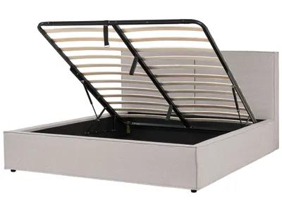Produktbild von BELIANI Polsterbett Hellgrau Stoffbezug mit Hohem Kopfteil Lattenrost 180 x 200 cm Bettkasten Hochklappbar Modern Skandi Schalfzimmer Ausstattung Möbel