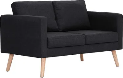 A black two-seater sofa with wooden legs, shown from the front.