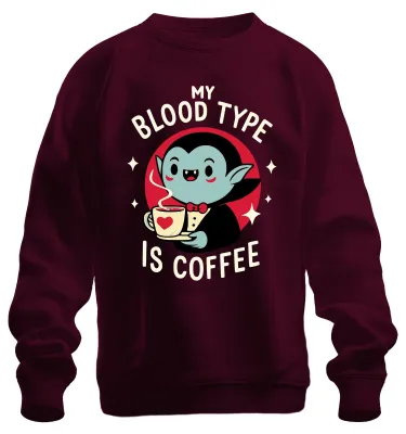 Productafbeelding van Mijn bloedgroep is zeker koffie. Schattig, retro Halloween uni sweatshirt, bordeauxrood, maat XXL