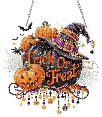 Produktbild von Diamantmalerei Anhänger Kürbis 5D Diamant Malerei Set Halloween Fensterbilder Hängend Ornament Dekoration XS106