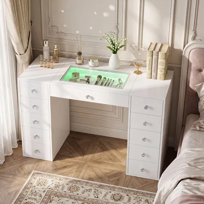 Zdjęcie produktu dla VANITII stolik do makijażu z podświetleniem LED 11 szuflad biały 130 cm – nowoczesne lustro do sypialni