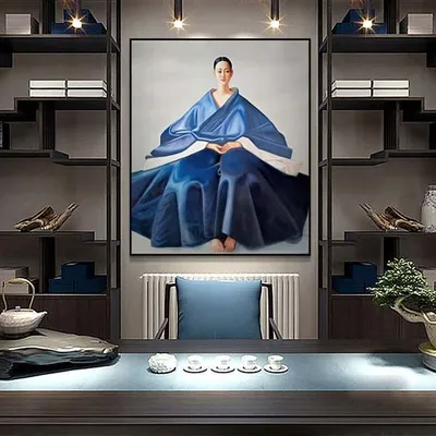 Produktbild von Fine Asianliving Ölgemälde 100% Handgemalt Rahmen Schwarz 120x120cm Chinesische Frau Blau