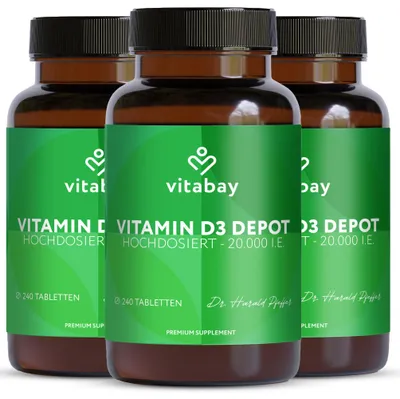 Produktbild von Vitabay Vitamin D3 Depot 20.000 I.E. - 720 Vegane Tabletten Hochdosiert & Vegan - ohne unerwünschte Zusätze - Trägt zur Unterstützung des Immunsystems und zur Erhaltung normaler Knochen bei